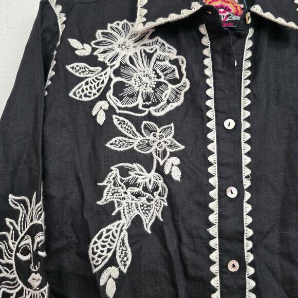 Johnny Was Addison Kimono Sleeve Shirt Black Floral Embroidered Linen Tunic XS - Picture 5 of 16